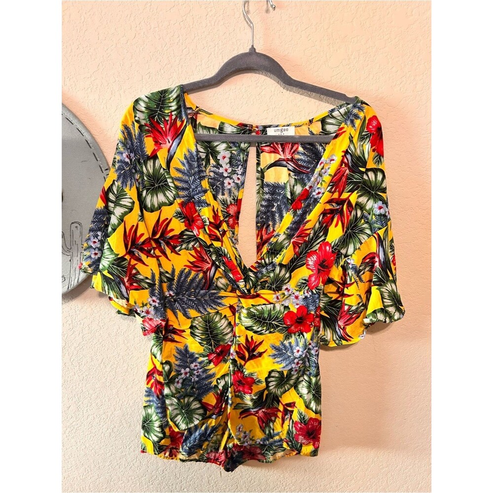 Umgee Yellow Tropical Floral V-Neck Romper with Red & Green Accents